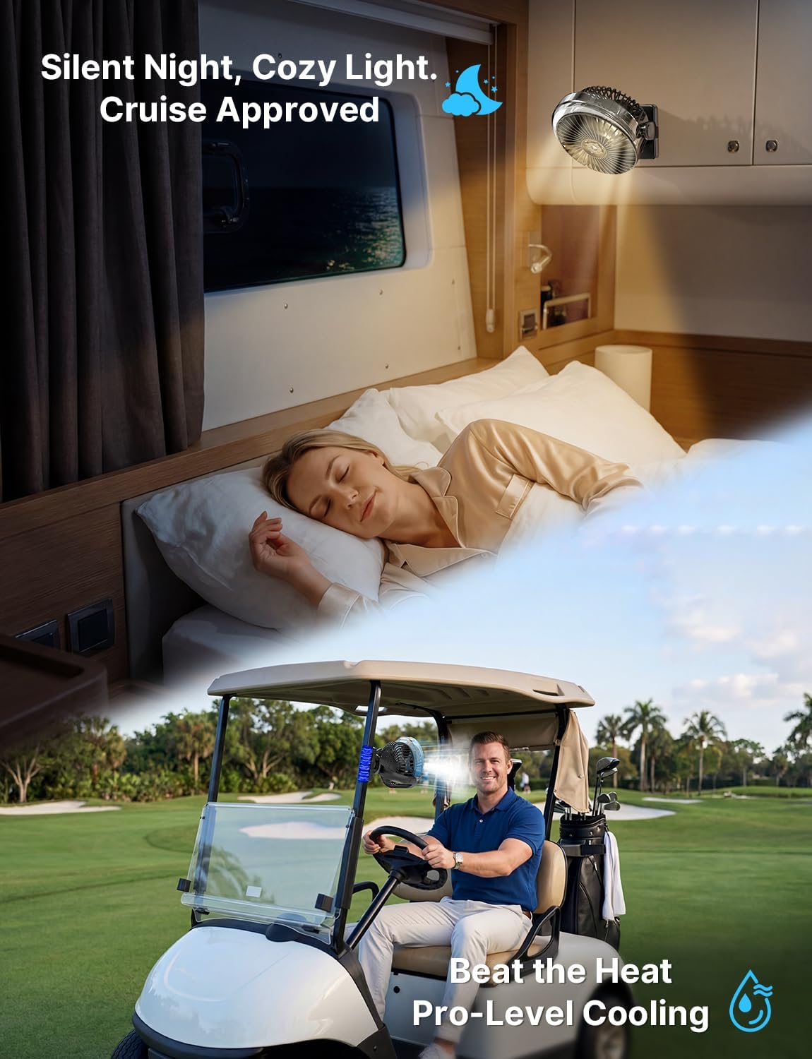 BOYISEN Magnetic Golf Cart Fan with Misting, 12000mAh Battery Operated Portable Fan 4 Speeds, LED Lantern, Universal Fit for EZGO Club Car Yamaha, Cruise Ship Accessories Travel Essentials