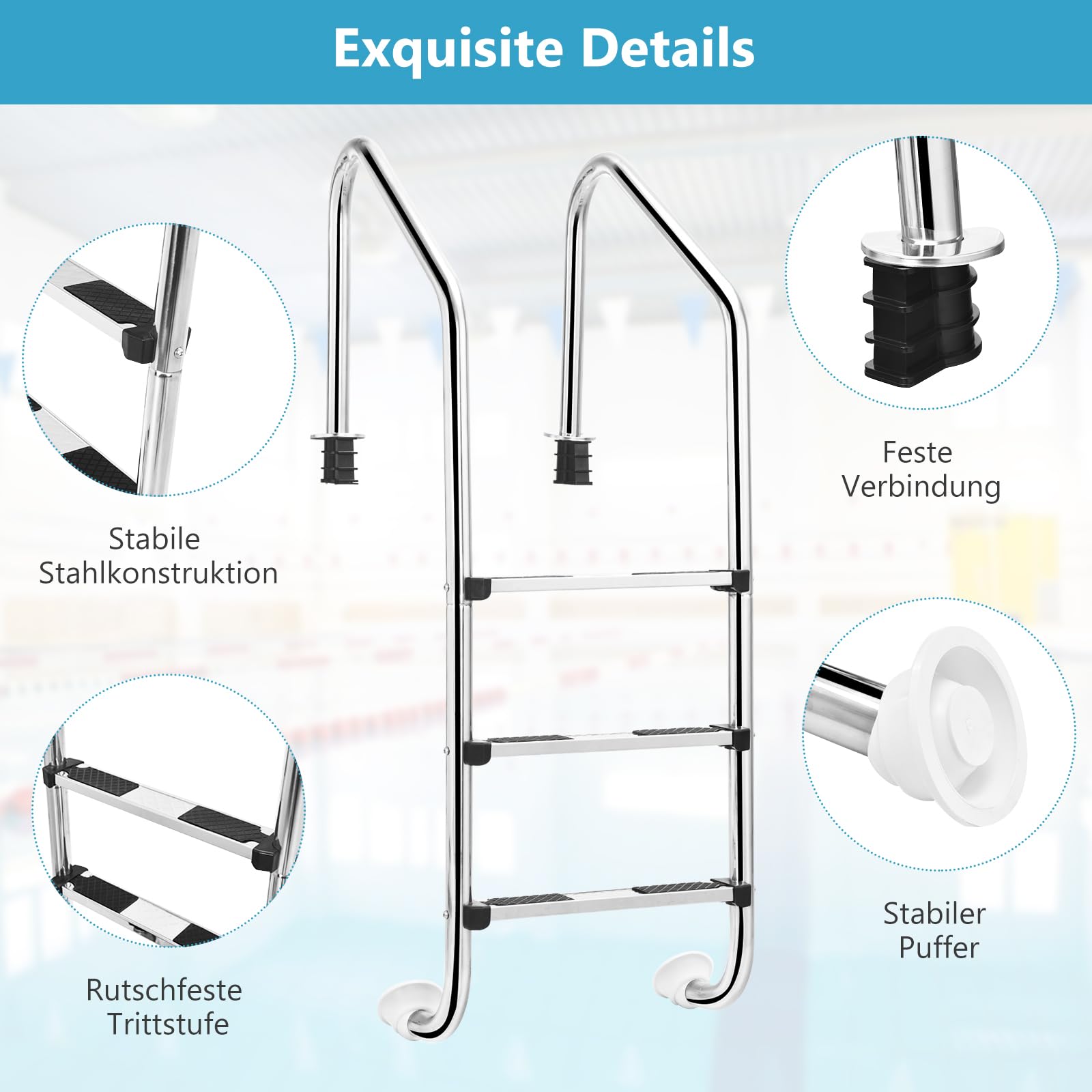 SOARS Poolleiter Edelstahl 3 Stufen, Pooltreppe mit Handlauf & rutschfesten Stufen, Schwimmbadleiter bis 150 kg belastbar, Einstiegsleiter, Einbauleiter, 53 x 63 x 147 cm