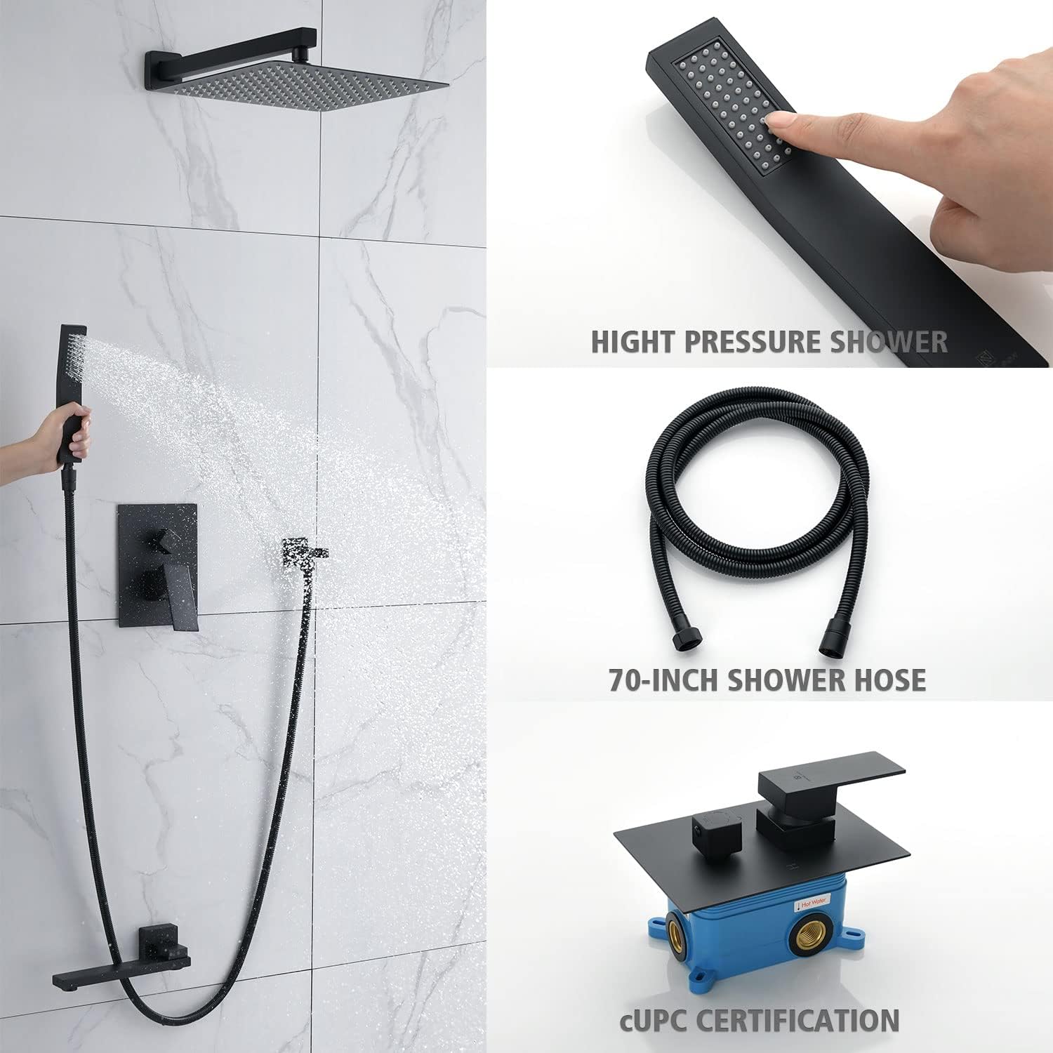 TOCALOCA 12 Inch Rainfall Shower Head Tub Combo with Handheld, Shower Tub Faucet Set Matte Black Shower Fixtures with Valve, 3 Function Shower System