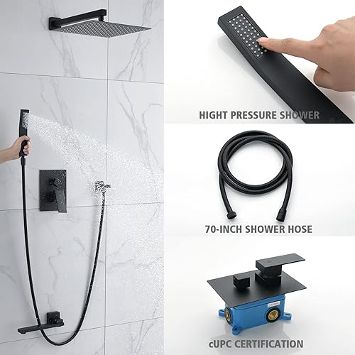 Miniatura 6 de TOCALOCA Juego de grifo de ducha de 12 pulgadas con lavabo de mano, juego de grifos de ducha negro mate con válvula, sistema de ducha de 3 funciones