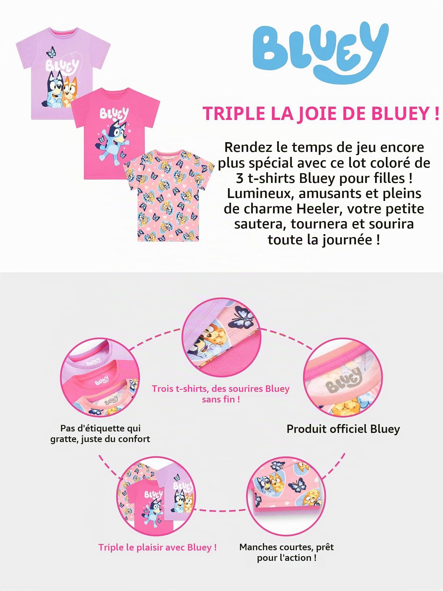 BlueY Pack de 3 T-Shirts, T-Shirts Fille pour l'Été, Lot de 3 Tshirt Fille, Vêtements Enfant en Coton