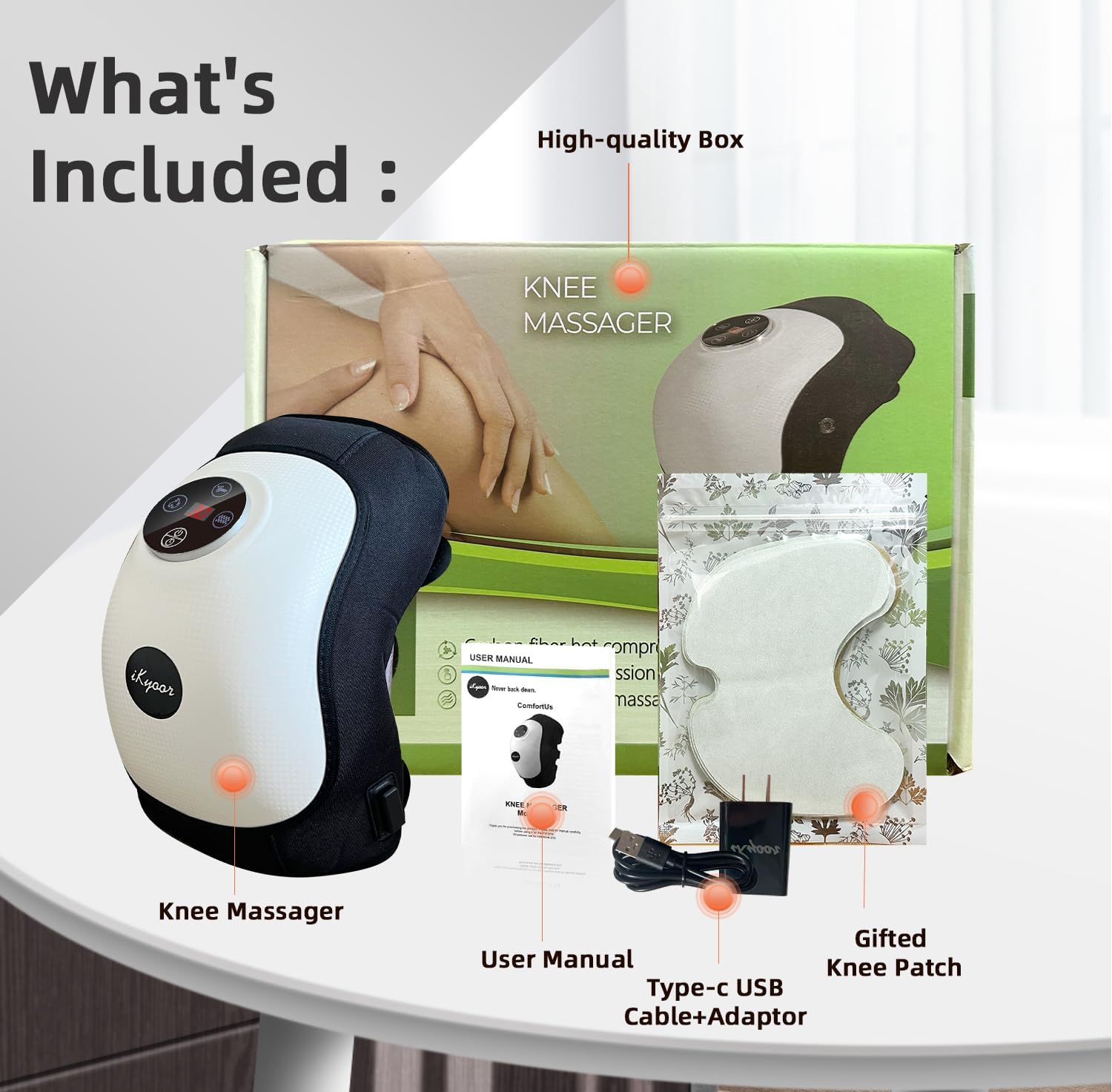 Contents of the iKyoor K10 Wireless Knee Massager package, including the massager, user manual, USB cable, adapter, and a gifted knee patch.