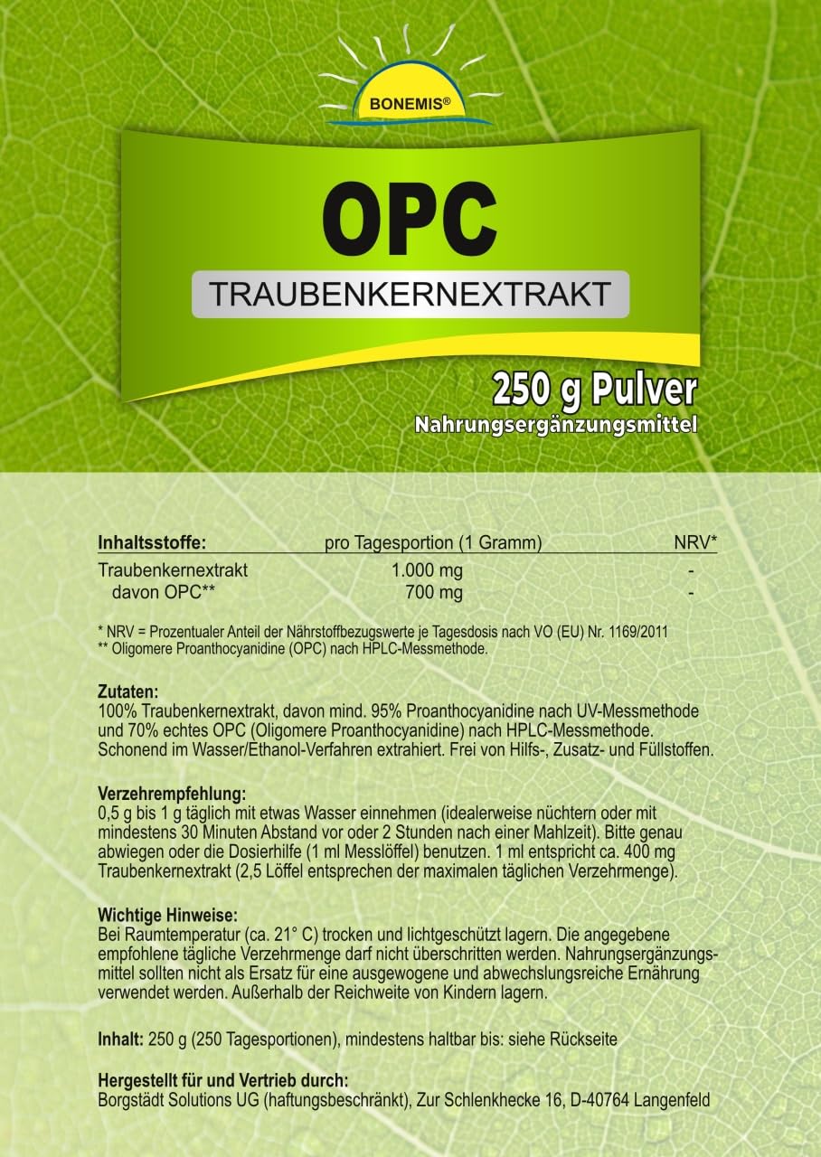 Premium OPC Traubenkernextrakt, Pulver, 95% (70% nach HPLC), 250 g Pulver im Beutel, Bonemis®