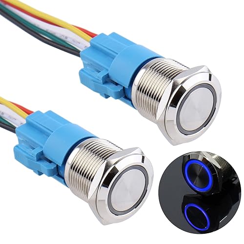 2 interruptores de botón momentáneo de 0.748 in de 12 V-24 V, anillo LED 1NO 1NC de auto-reinicio encendidoapagado, carcasa de metal antivandálico