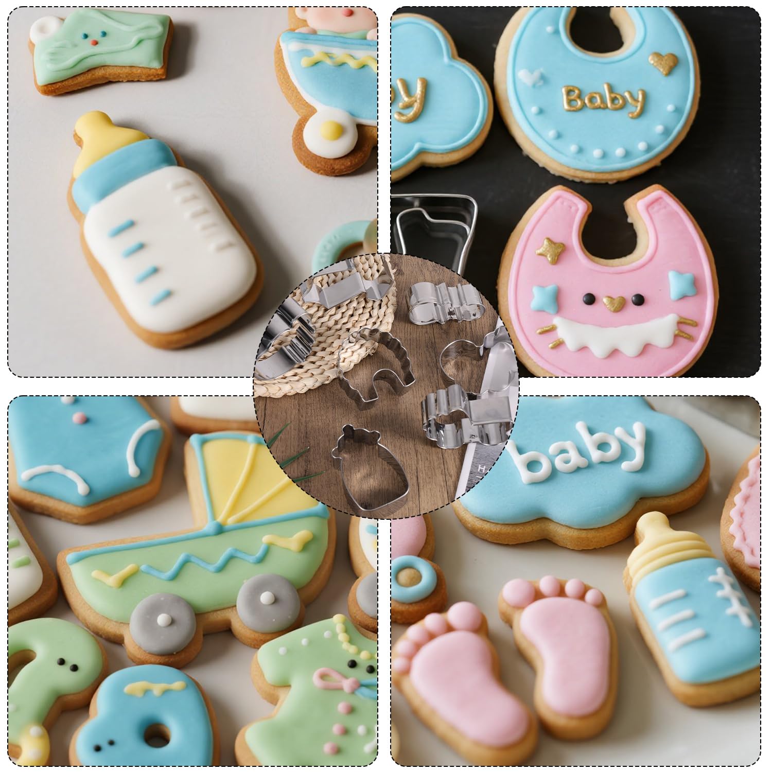 7 Pezzi Set di Formine per Biscotti per Baby Shower, Tutina, Bavaglino, Sonaglio, Biberon, Carrozza, Piede e Lettere Stampo Biscotti Decorazioni Feste di Compleanno Baby Shower