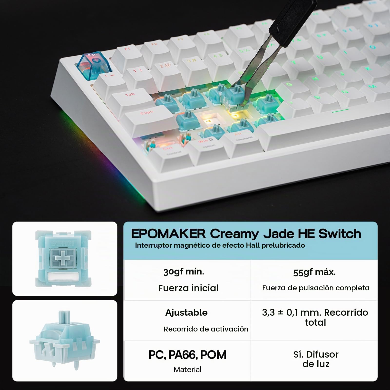 EPOMAKER G84 HE Teclado Magnético Gaming Inalámbrico de Efecto Hall, Blanco | Disparo Rápido y Actuación Ajustable, Sondeo 8000Hz y 8000mAh, SOCD y DKS, RGB, Teclas PBT, Hot-Swap, para Win/Mac