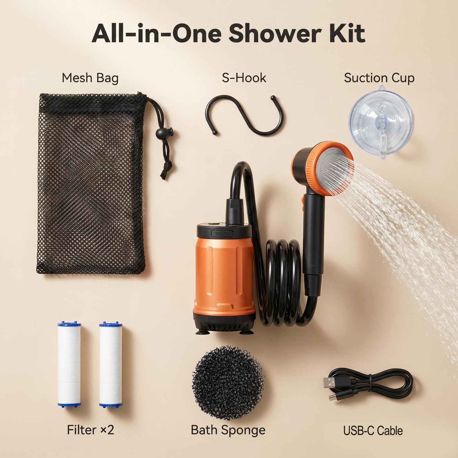 Douche de camping portable, 8000 mAh rechargeable avec affichage de la batterie LED, pompe de douche électrique étanche IPX8, autonomie de 150 minutes, haute pression pour camping, vie en van
