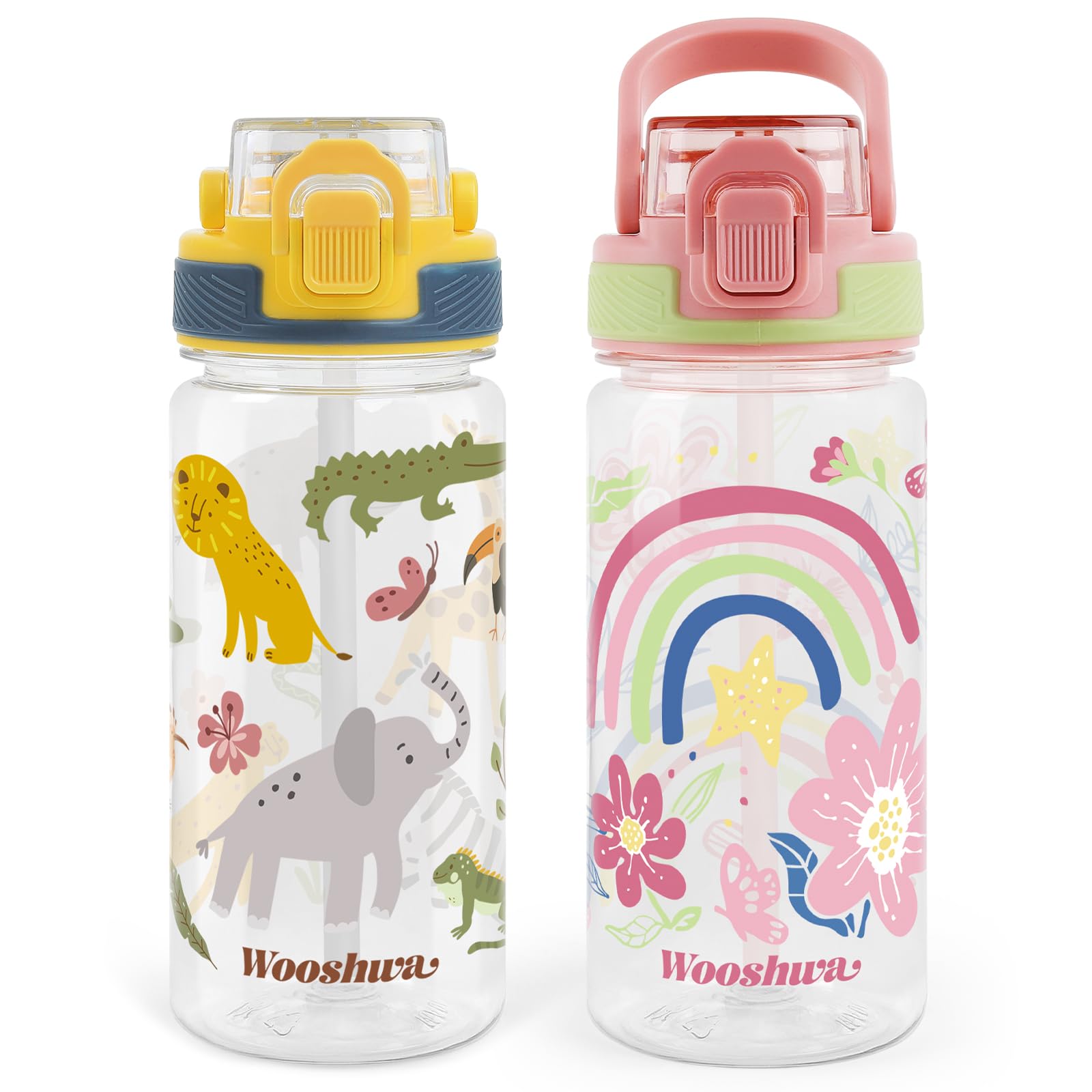 omedecal 2Pcs Kids Water Bottles, 480ml BPA Free Water Bottle with Straw and Handle, Childrens Sports Drinks Bottle, Personalised Cup for Boys Girls, School (Woodland Animals+Rainbow Flowers)