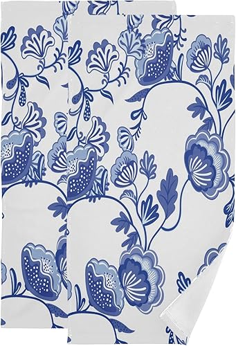 susiyo Juego de 2 toallas de mano de estilo chinoiserie con estampado de flores azules, toallas de baño decorativas súper suaves y altamente
