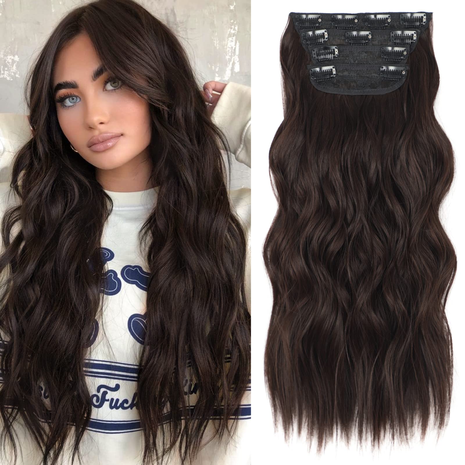 ALXNAN Clip in Long Wavy Synthetic Hair Extension 4PCS Chocolate Brown Thick Hairpieces Fiber Double Weft Hair for Women 20 Inch