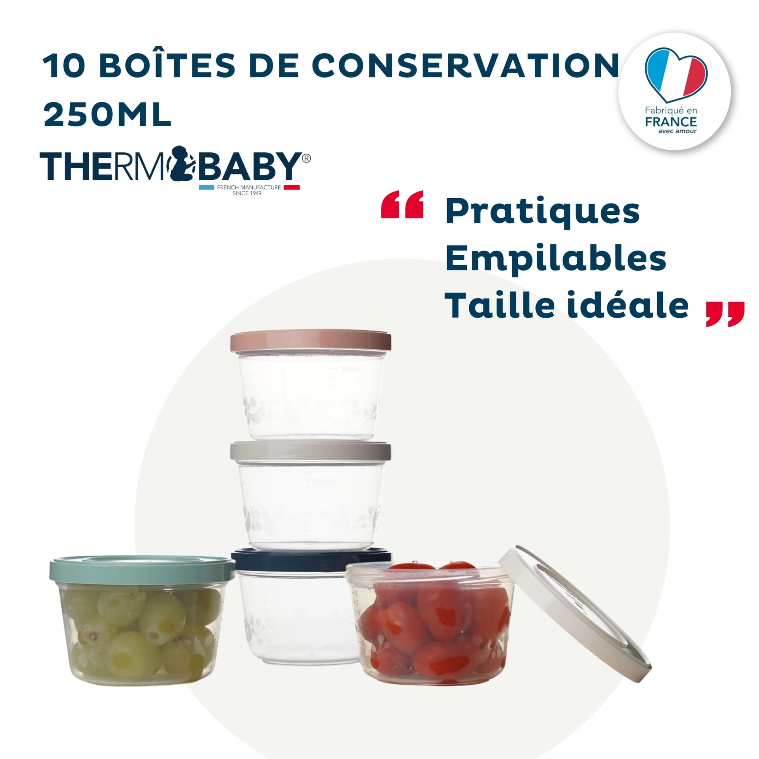 THERMOBABY Lot de 10 boîtes de conservation 250ml pour Bébé - Compatibles Micro-ondes, congélateur, lave-vaisselle - Empilables - assortiment de couleurs aléatoire - Fabriquées en France