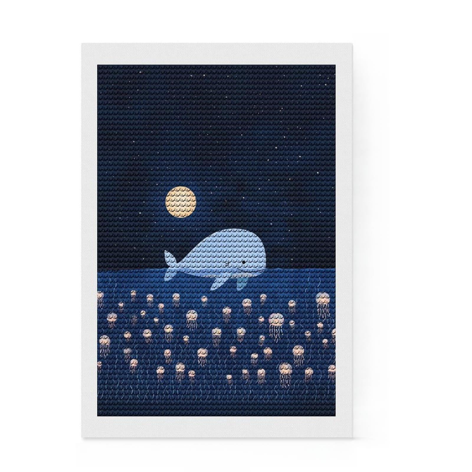 Junmoney Whale and Jellyfish Under Moonlight Diamond Style Art Kit 8"x12", Christmas Gift, Leisure Activity, Modern Decor, DIY Craft, Bedroom Decor