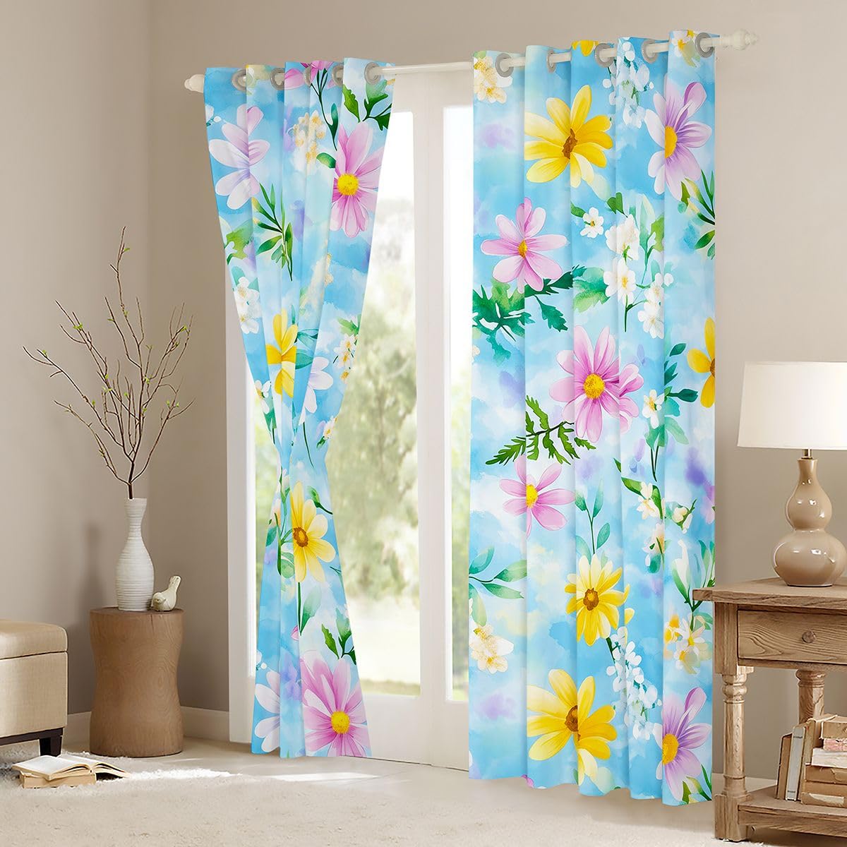 Lot de 2 rideaux de fenêtre XXL - 260 x 140 cm - Aquarelle - Motif fleurs sauvages - Rideaux occultants - Dreamy Sky - Pour adultes et enfants