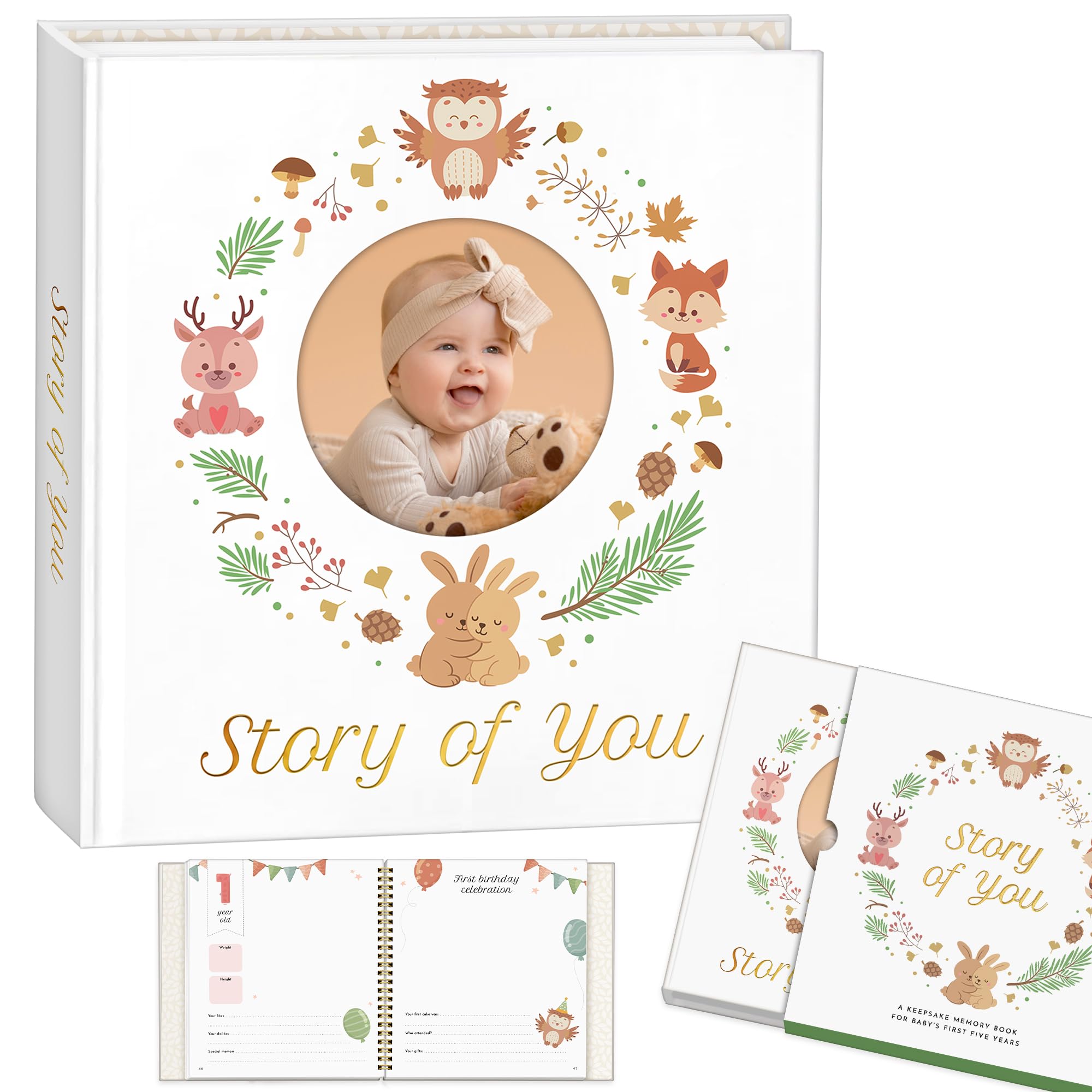 Babybuch Andenken für Baby Junge oder Mädchen, zeitlos erste 5 Jahre, Babybücher, verbesserte Version mit 6 Ordnern, laminiertes Hardcover mit Vollfarbdruck, Foto-Ausschnitt, goldene Spiralbindung