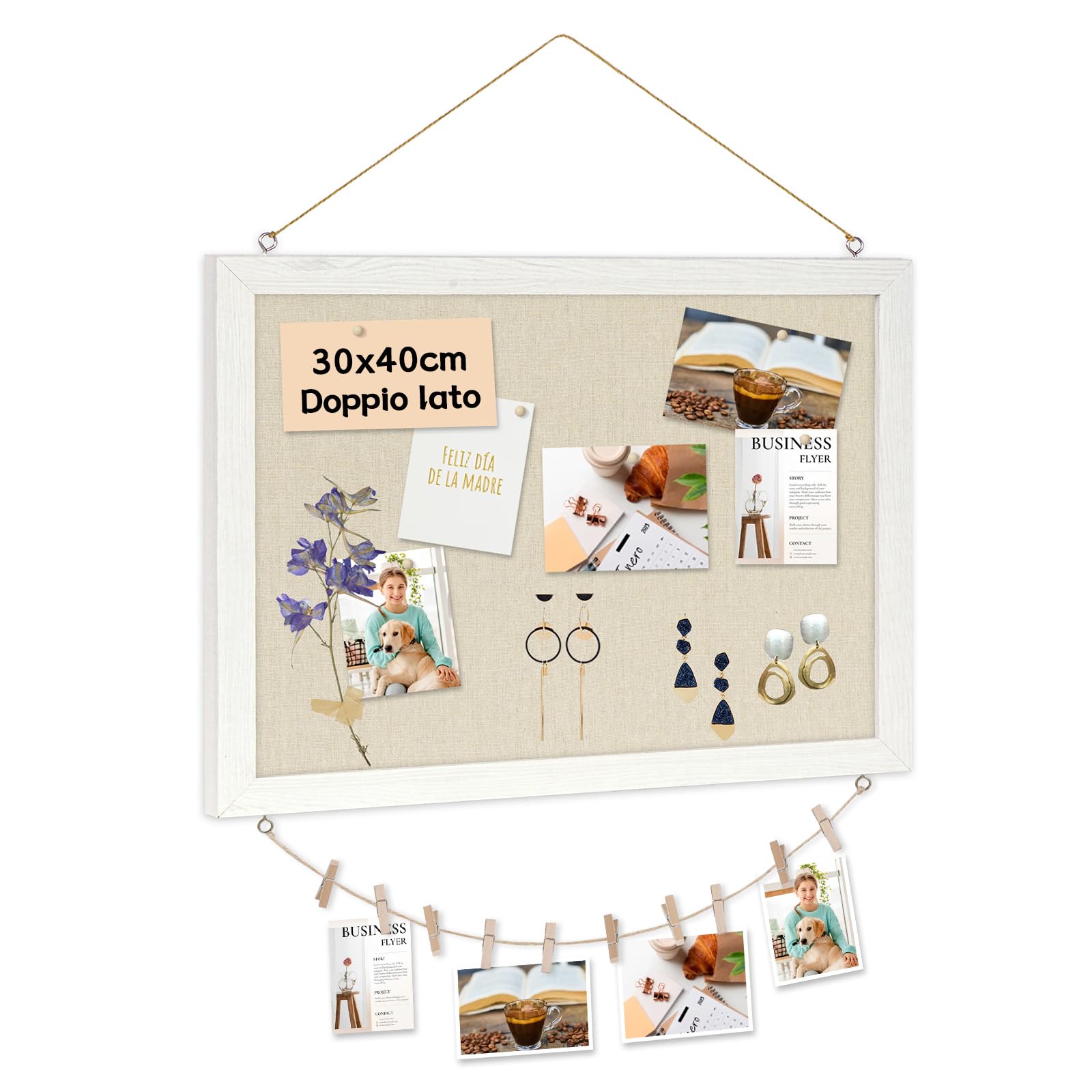 DOLLAR BOSS Bacheca in sughero con lino 30×40CM Lavagna in sughero piccola | bacheca in sughero bifacciale con legno cornice per casa, cucina e ufficio 1 pezzo