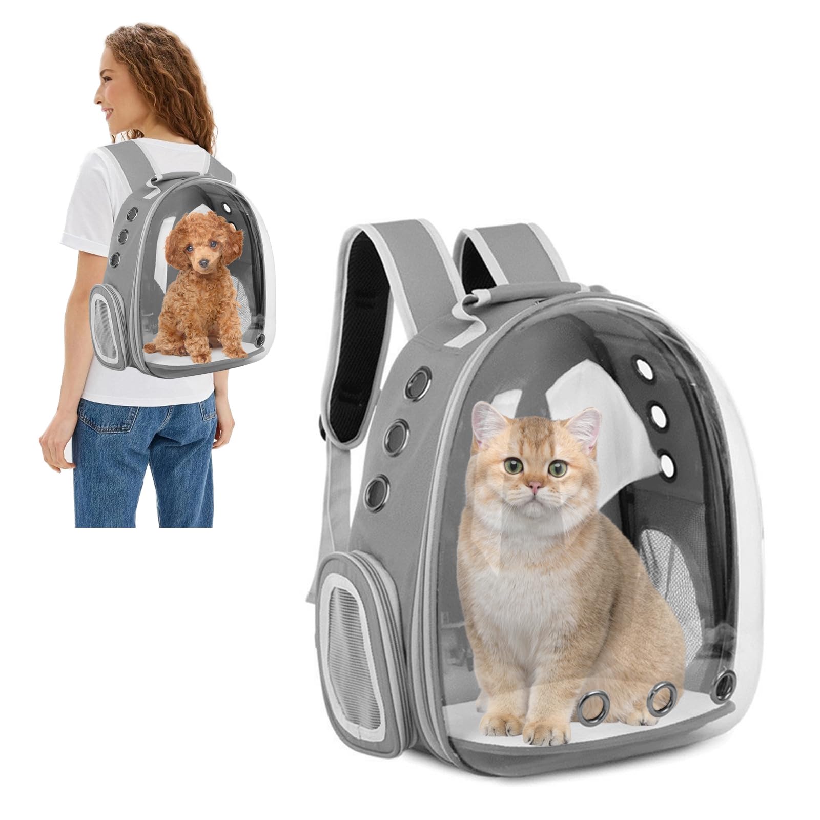 PETCUTE Portatili Trasportino per Animali Zaino Trasparente Zaino per Cani e Gatti con Cinghia di Sicurezza Interna,Capsula Spaziale da Viaggio, Ideale per Viaggi,attività all'aperto Grigio