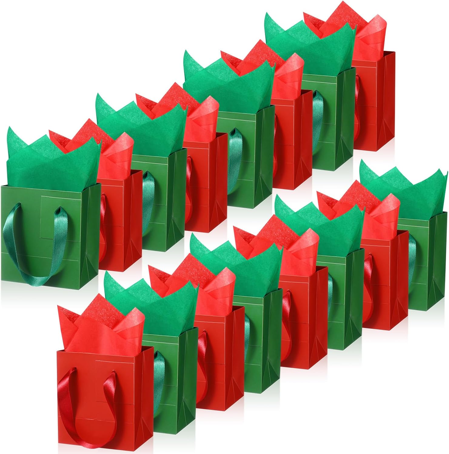 Tenare 12 Pcs Small Gift Bags Mini Paper Bags Bulk Tiny with Handle Tissue for Jewelry Gift Wrapping Happy Valentine's Day Chinese New Year Birthday Party Favor Supplies(7 * 4 * 9inch,Red Green)