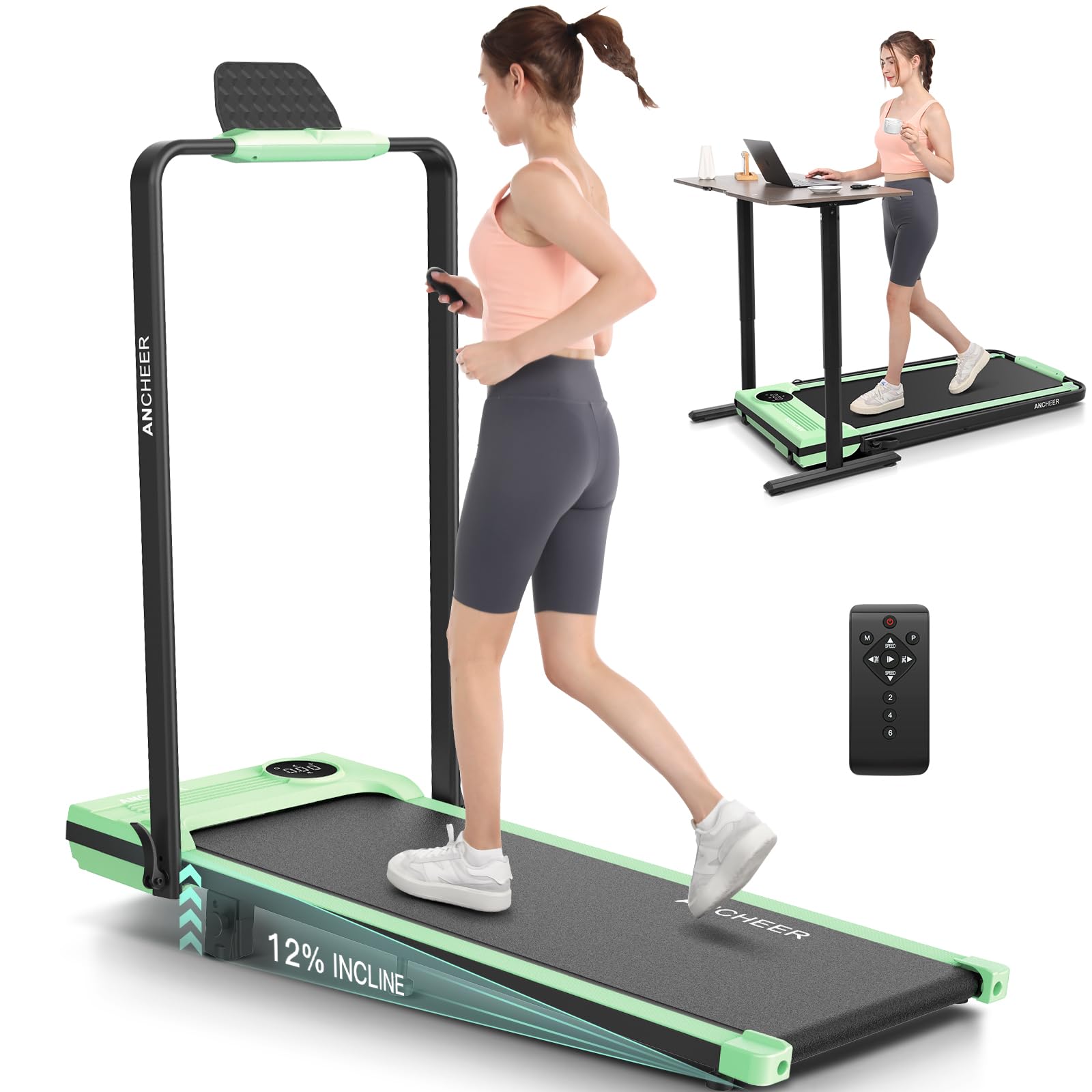 ANCHEER Treadmill with Handle Bar, 3.0 HP Foldable Walking pad with 12% Incline, 320 lbs Capacity-Portable Under Desk Folding Treadmills for Home Small with Widened Belt/Remote Control (Carbon Black)