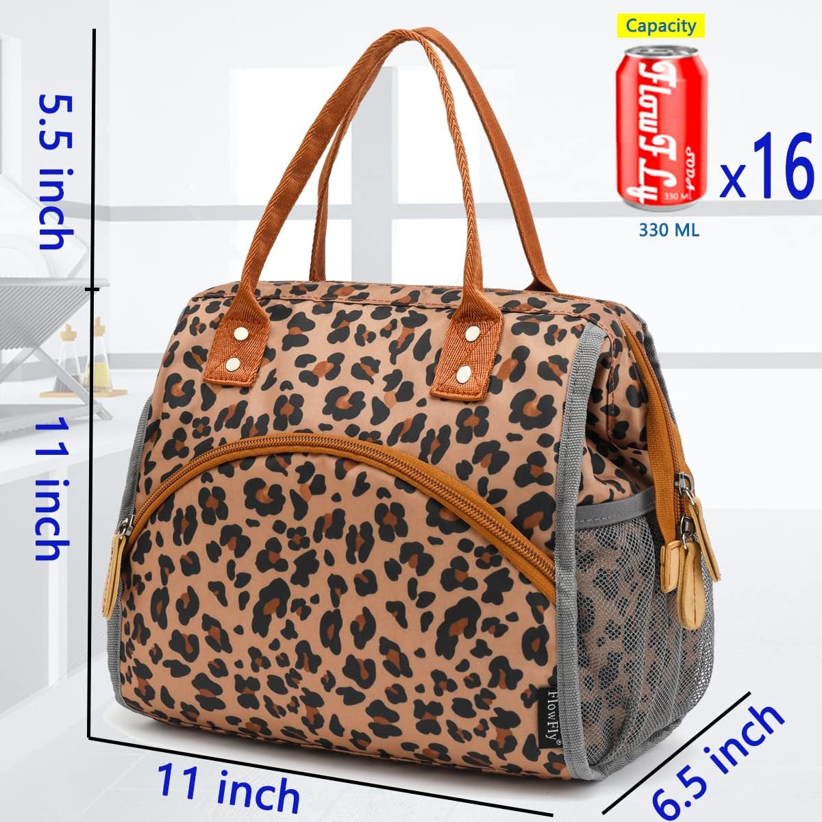 FlowFly Insulated Lunch Bag Wide-Open Lunch Box Large Tote Leakproof Cooler with Drink Holder and Multi Pockets for Women Men Adult Kids Work Picnic Travel Beach Hiking, Leopard