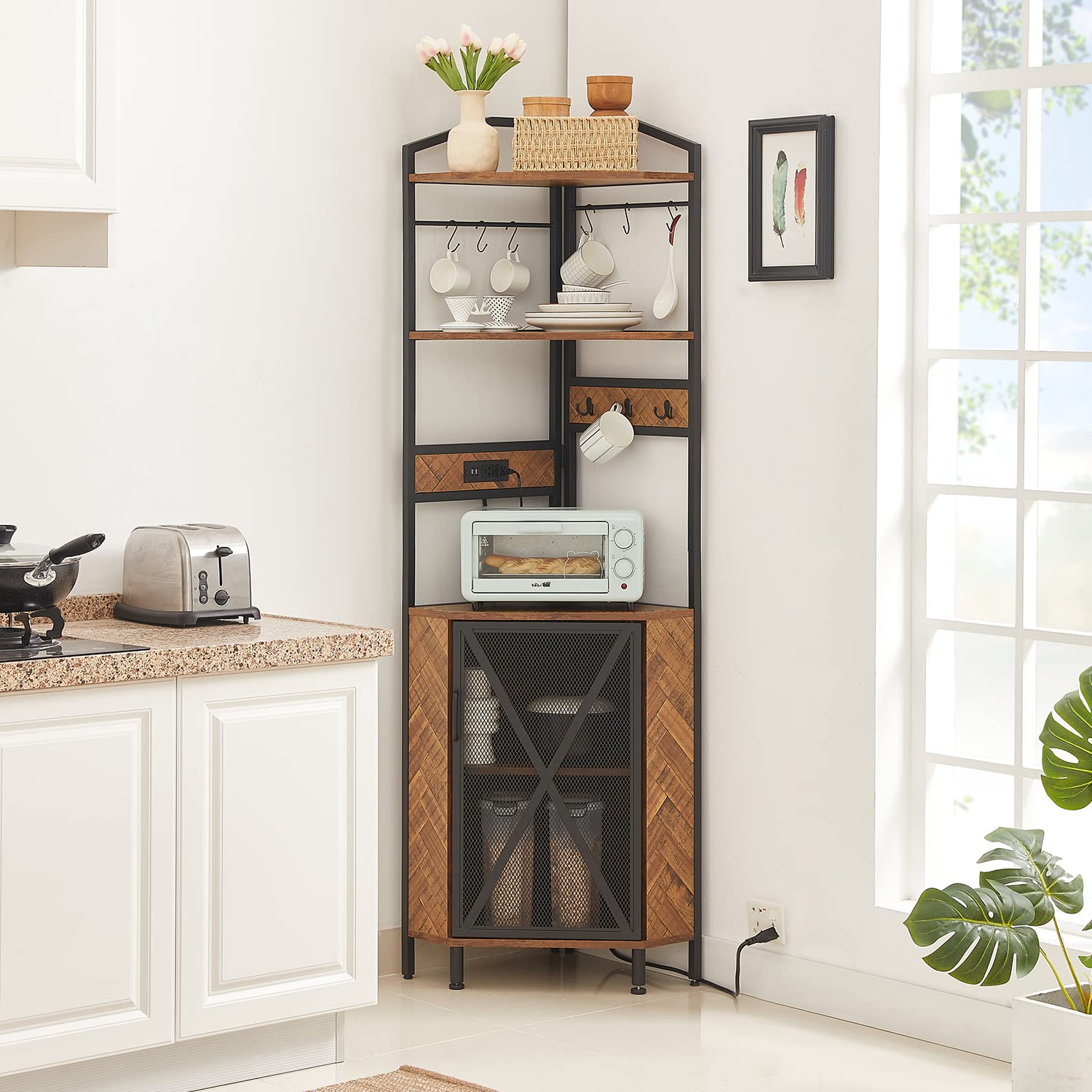 HOMBAZAAR Corner Shelf, Industrial Corner Bookshelf with USB Ports &Outlets Charging Station,Rustic Corner Shelf Stand with Storage Cabinet for Living Room, Home Office, Bedroom,Brown