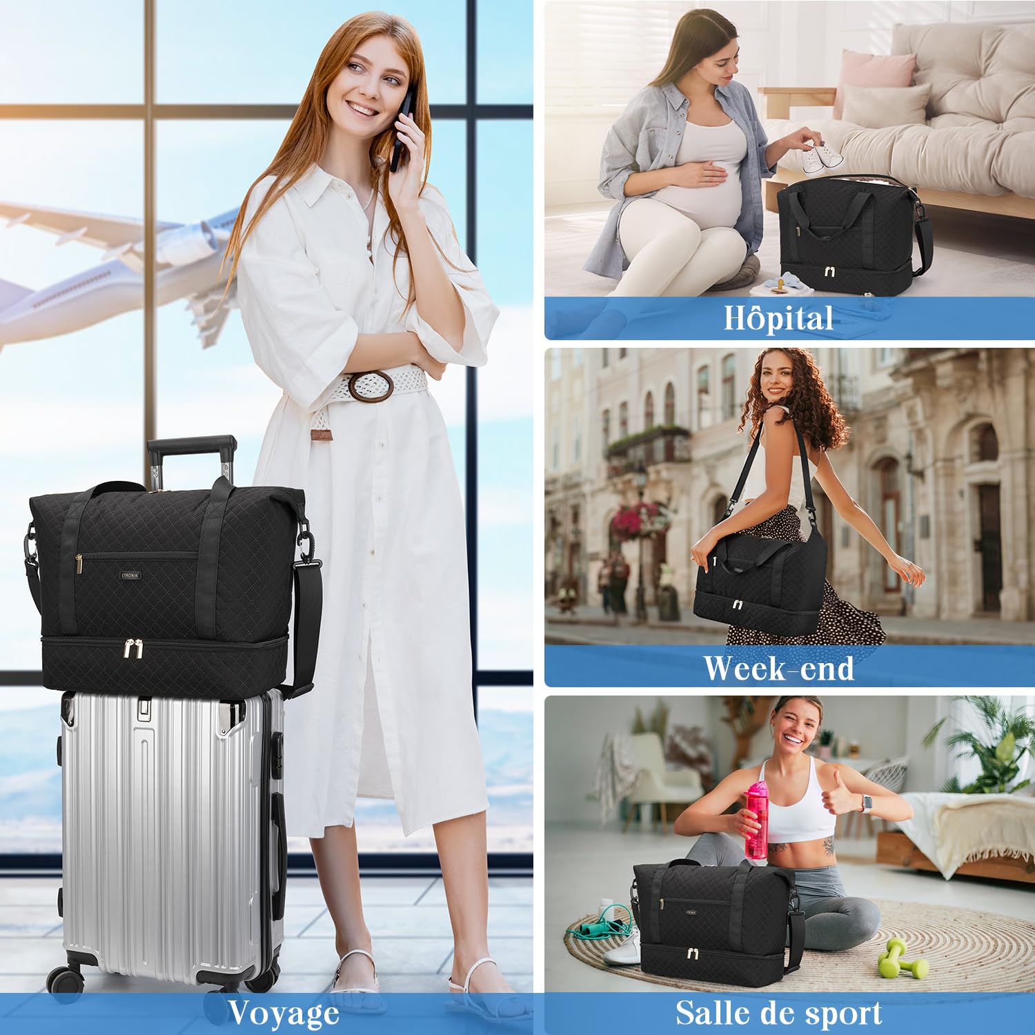 ETRONIK Sac de Voyage Femme, 24L Bagage Cabine à Main Léger avec Compartiment à Chaussures, Sac Cabine Avion ryanair 40x30x20, Sac fourre-Tout de Sport Imperméable pour Travel Weekend Gym Danse, Noir