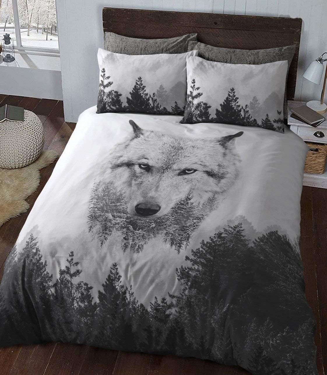 MAQUE Grey Double Duvet Cover Wolf Reversible Bedding Double Bed Set with Zipper Lightweight Microfibre Quilt Cover with 2 Pillowcases 50x75cm