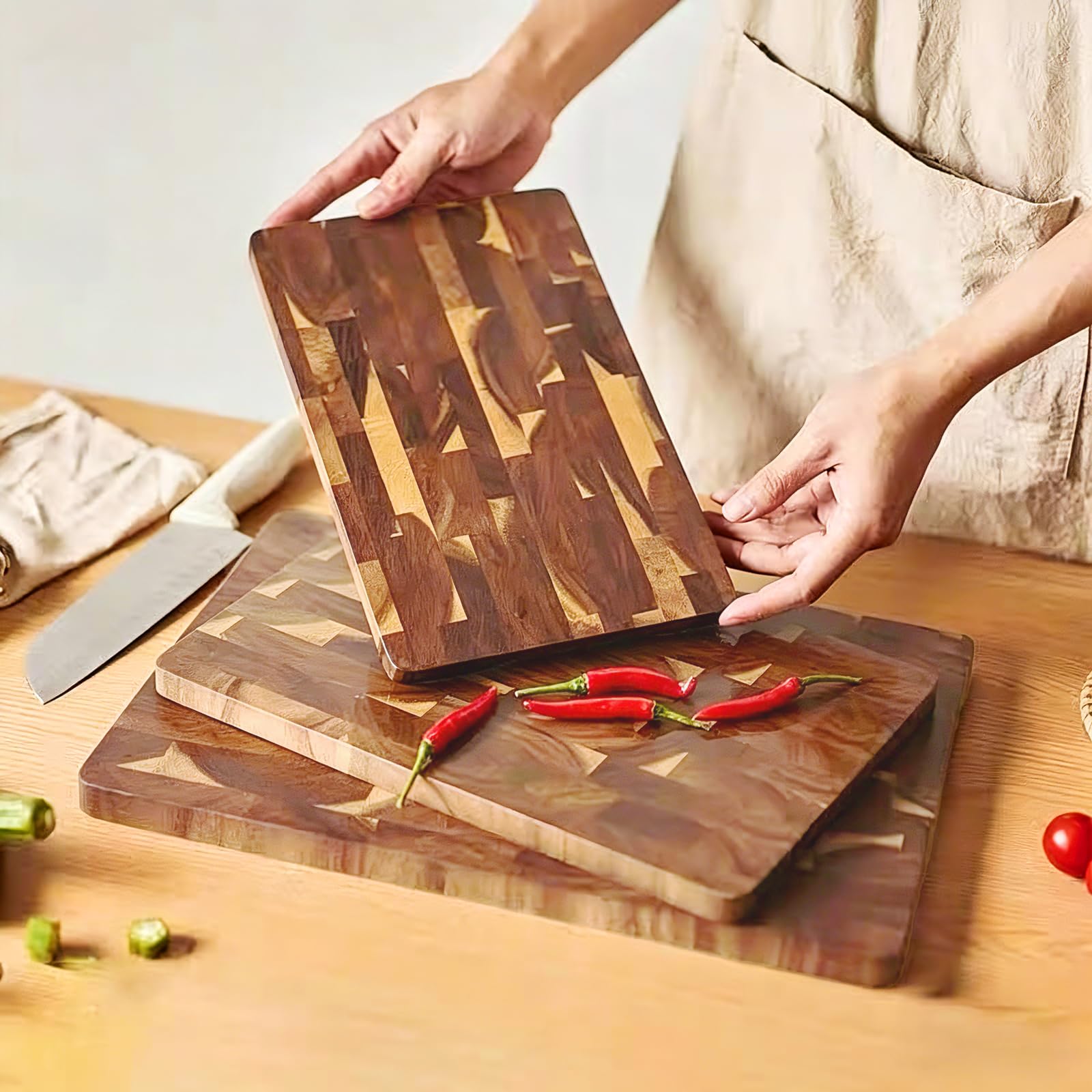 3 tablas de cortar de madera de acacia, tablas de cortar de madera para cocina, tabla de cortar de madera reversible, tabla de cortar de grano final, asas integradas, bandejas de madera para carne