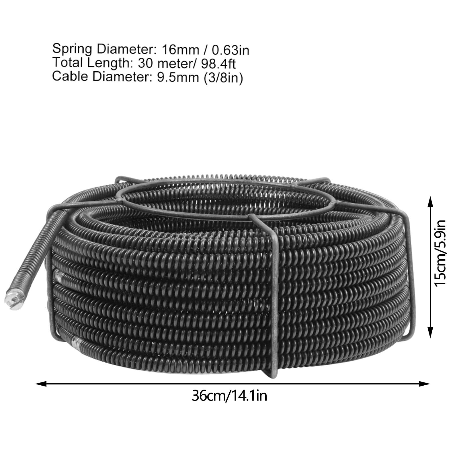 Tissting Cable De Desatascador De Tuberías De 30 Metros 9.5mm - Para Limpieza De Desagües De Fregadero, Ducha Y Alcantarillado Con Accesorios Incluidos