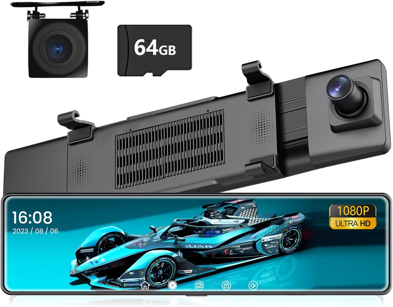 12" Mirror Dash Cam,Touch Screen Smart Rear View Mirror Camera, 1080P+1080P Dash Cam Front and Rear, Night Vision, Reverse Assist,Loop Recording, 24H Parking Mode, Included 64GB Card