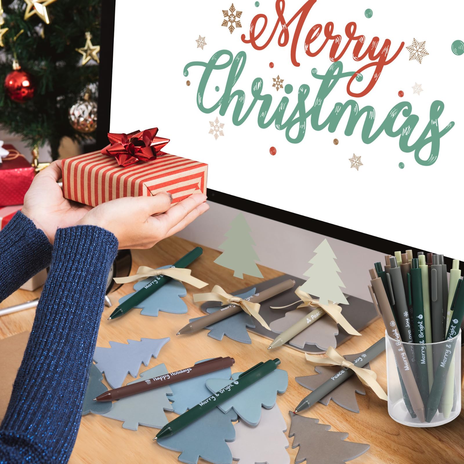 Lot de 96 notes adhésives et stylos de Noël, 48 blocs-notes, 48