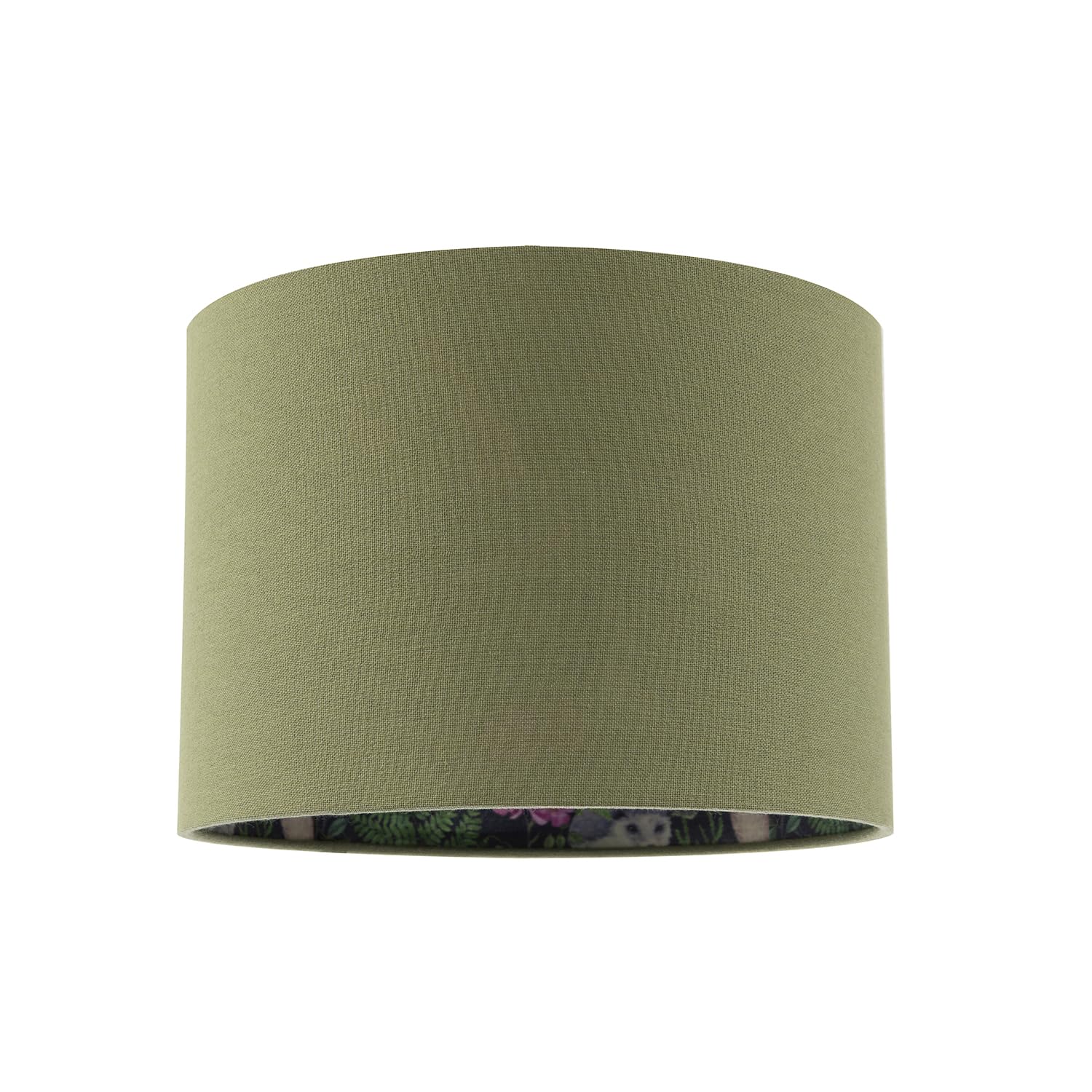 Woodland Animals and Colourful Forest Drum Lamp Shade with Olive Green Linen Fabric | Owls Rabbits Badgers | 18cm x 25cm by Happy Homewares