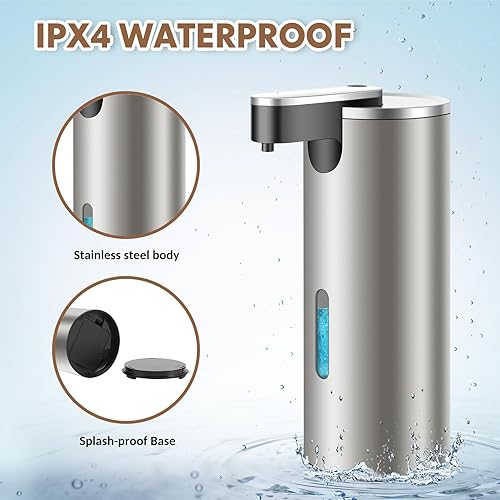 Miniatura 6 de Dispensador automático de jabón de acero inoxidable con 3 niveles ajustables infrarrojos de 11.5 fl oz eléctrico IPX4 dispensador de jabón sin