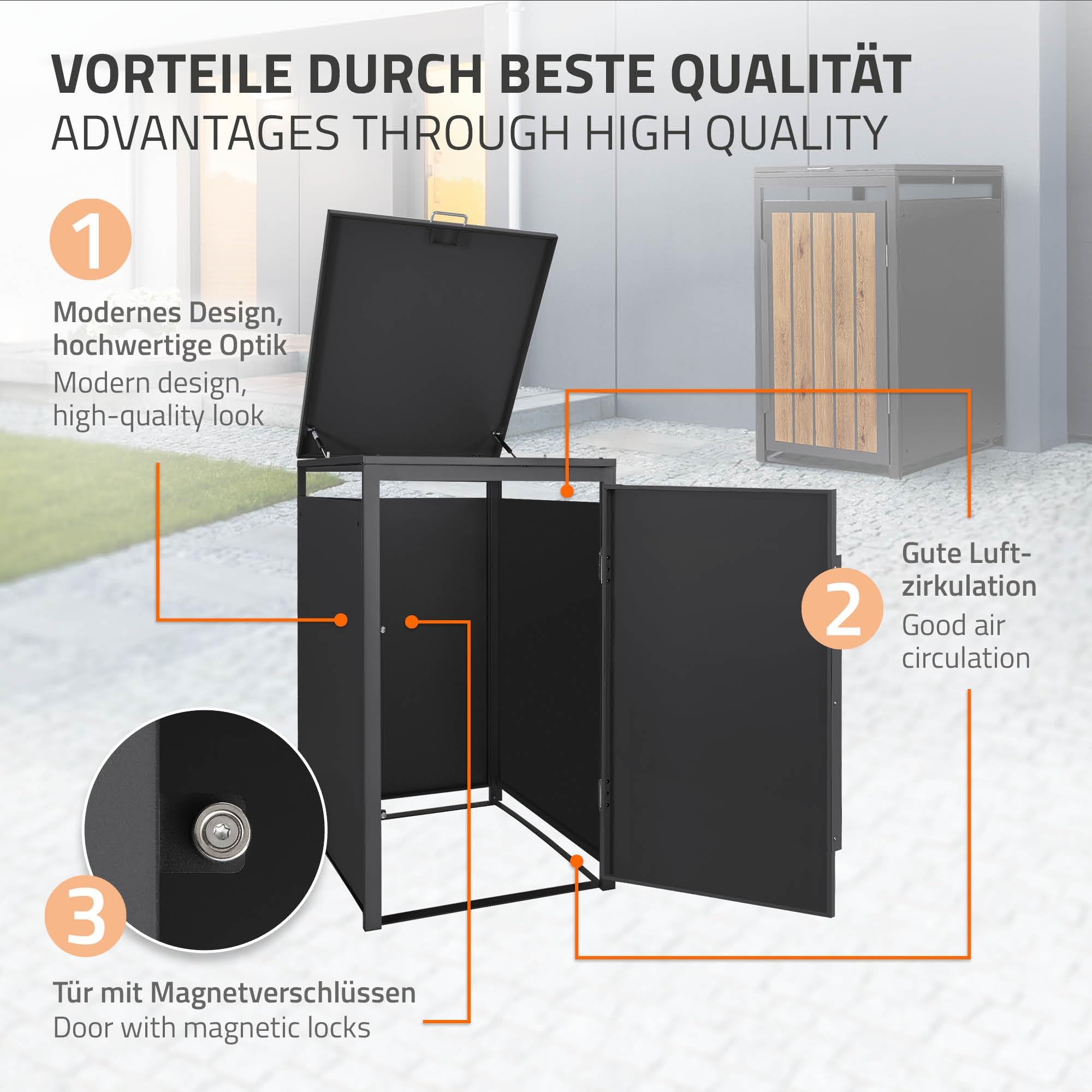 ML-Design Abri Cache 1 Poubelle, 68x80x120cm 240L, Anthracite Aspect Bois Claire, en Acier, Couvercle Rabattable et Porte Clôture, Protection Visuelle, Habillage Conteneurs, Résistant aux Intempéries