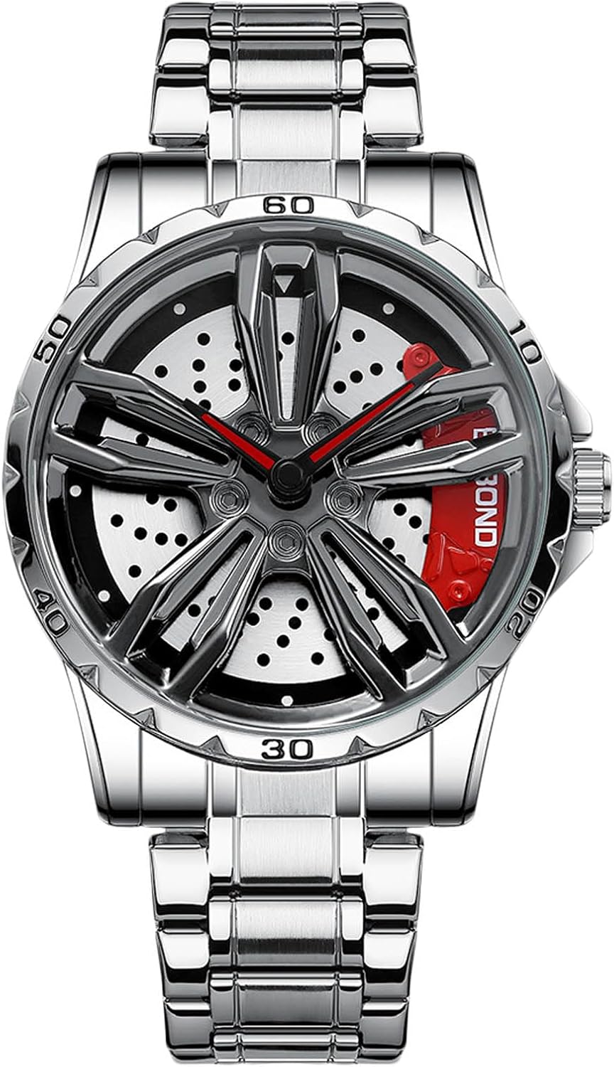 Montres pour hommes Rorios Montre &agrave; moyeu de roue de voiture Montre analogique &agrave; poignet en quartz Montres de sport de mode Montre &eacute;tanche 3 ATM Montre squelette pour homme