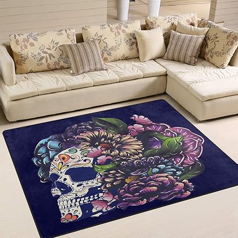 ALAZA Day of The Dead Floral Sugar Skull with Flowers Indoor Modern Doormat 4' x 5', Dining Room Home Bedroom Carpet Floor Mat Nursery Mat Room Mat