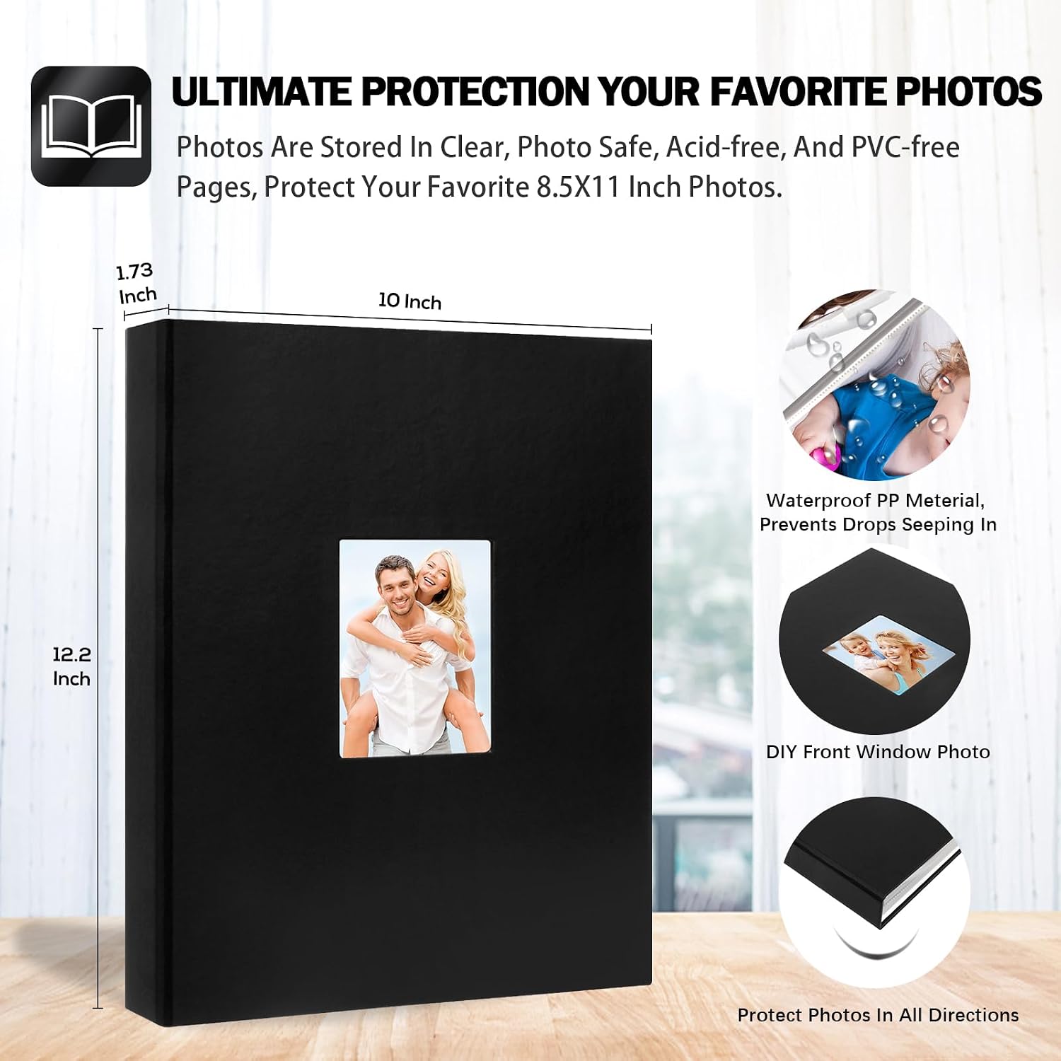 8.5x11 Photo Album, 72 Photos, Front Window, Leather Cover, Black