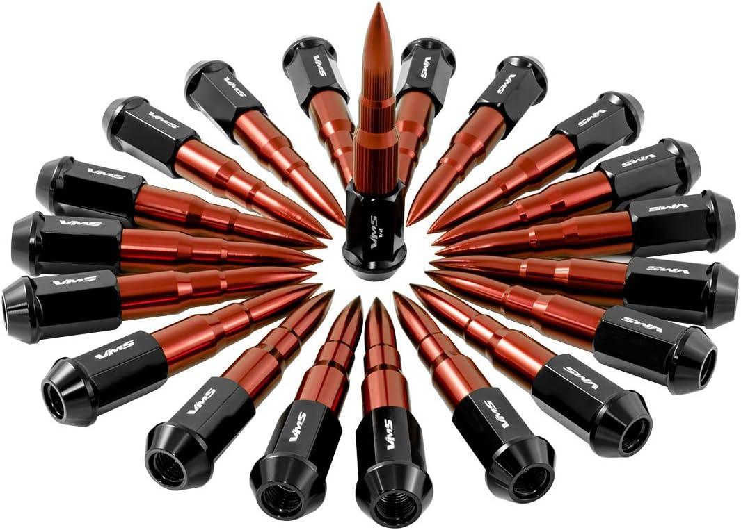VMS RACING 1/2x20 24PC 112mm Cold Forged Steel Lug Nuts with RED Extended Bullets Tips in Aluminum Compatible with Jeep Wrangler Sport Sahara Rubicon CJ YJ TY JK JKU TJ 1972-2018 5 Lug Wheel Pattern