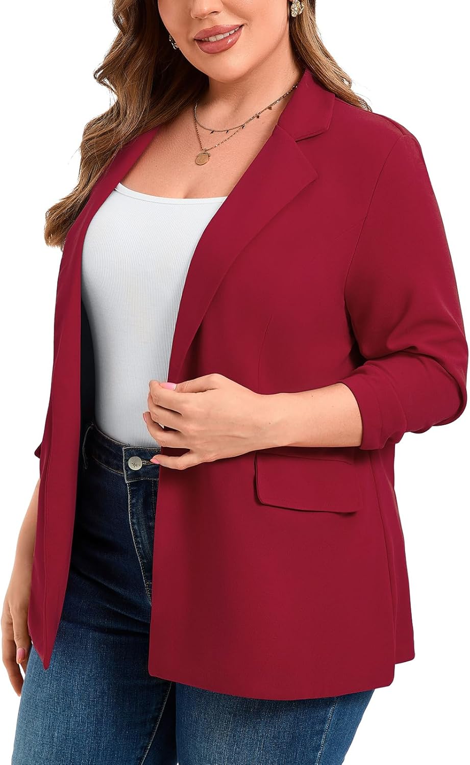 Plus Size Blazers for Women Casual Work Office 3/4 Sleeve Open Front Cardigan Suit Jacket Blazer with Pockets - Image 3