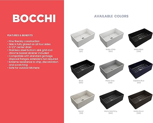 Miniatura 33 de BOCCHI Classico Farmhouse Delantal de arcilla refractaria delantera de 20 pulgadas. Fregadero de cocina de un solo tazón con rejilla inferior Café