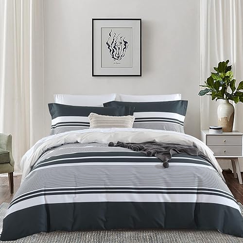 Miniatura 24 de CozyDH Juego de funda de edredón bohemio a rayas grises tamaño Queen, 3 piezas, 100% algodón, ultra suave, transpirable, funda de edredón azteca con