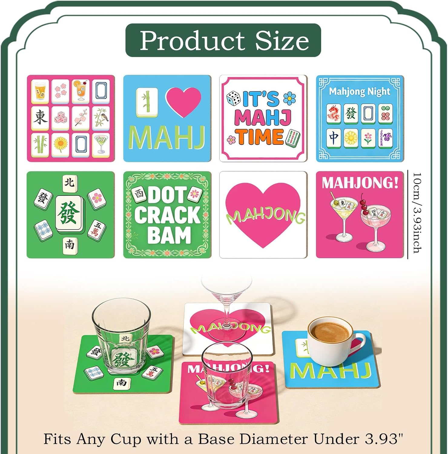 8PCS Mahjong Coasters Set - Premium Wooden Drink Coasters for Mugs & Glasses, Unique Mahjong Accessories and Gifts for Women, Party Favors Table Game, Game Night, Home & Kitchen Bar Tools