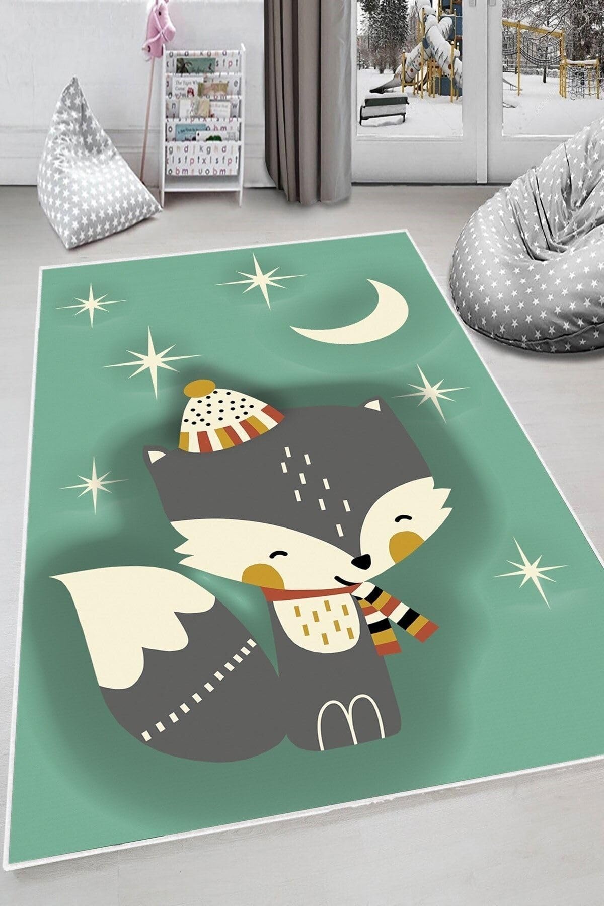 Pelangi Yeşil Rakun Desenli Yıkanabilir Kaymaz Taban Leke Tutmazbebek Ve Çocuk Odası Halısı, Yeşil-Gri 80 x 600