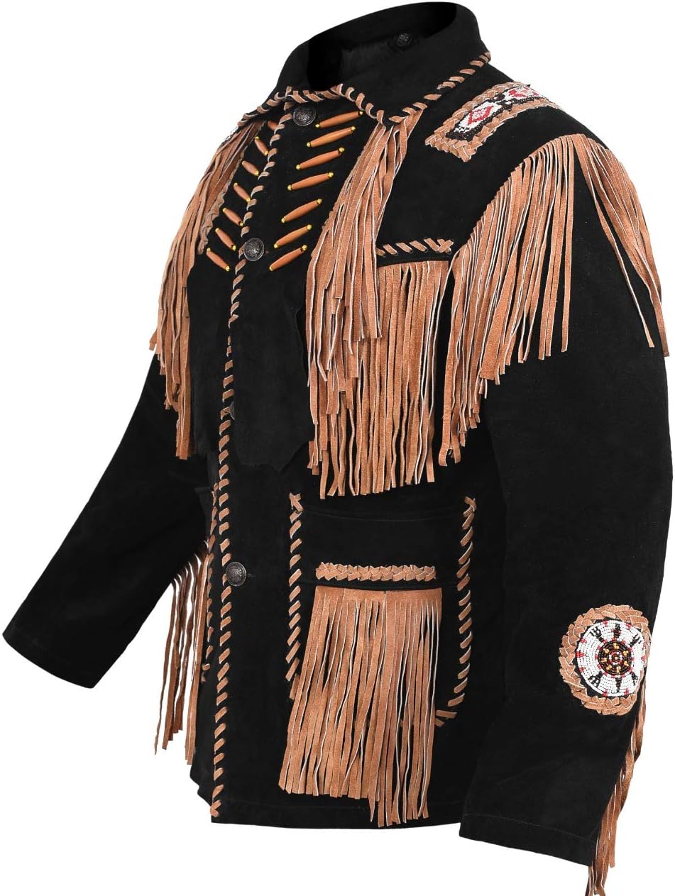 Mens Cowboy Western Suede Leather Jacket with Bones Beads Fringes- Bikers Style Mens Classic Fashion. (Black/Brown, 4X-Large)