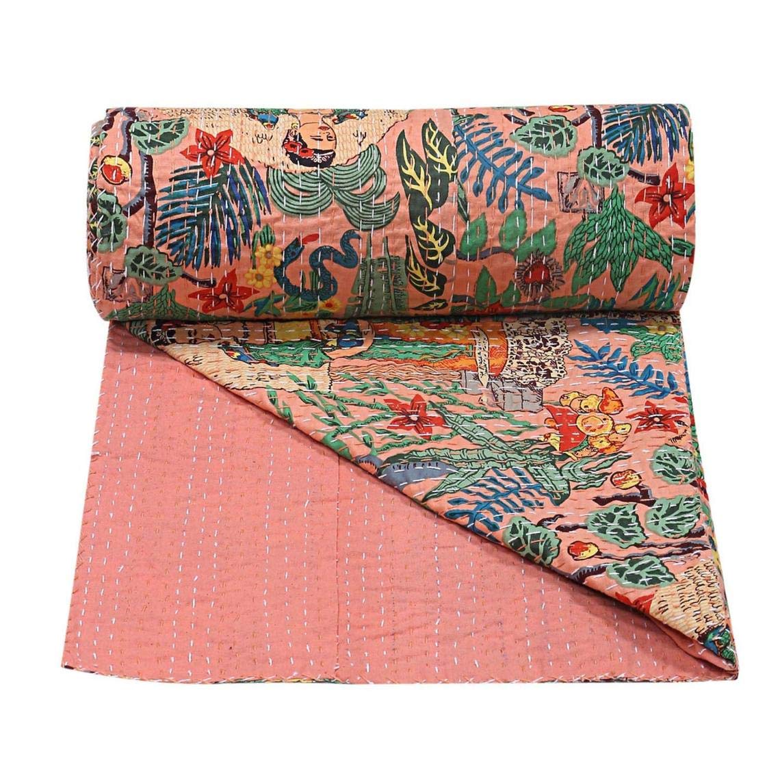 TI AMO Handmade Multi Color Printed Kantha Quilt 60x90 Inch Kantha Coverlet Throw Kantha Gudari-image-19