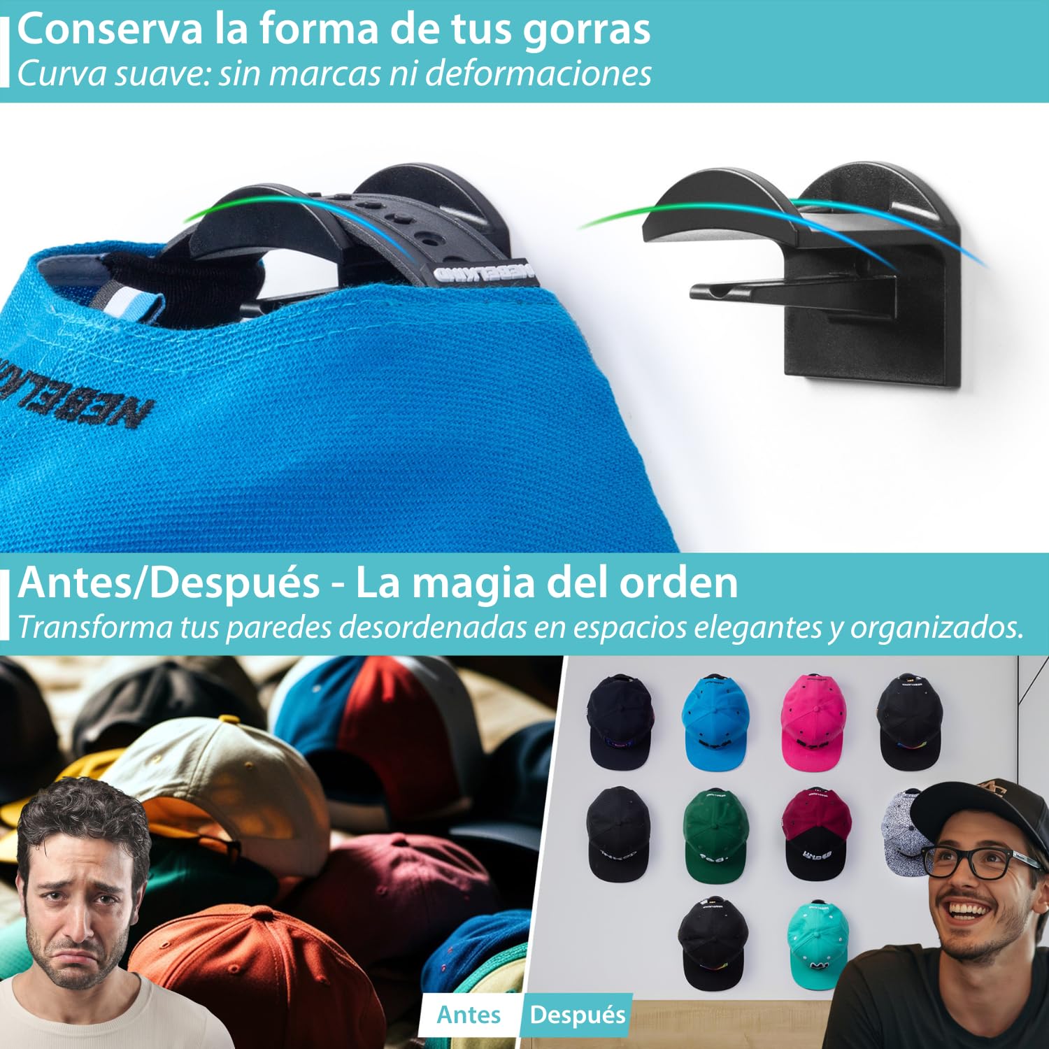 Colgador Gorras Organizador Negros – 10 Ganchos Pared (2 en 1 Adhesivo o Tornillos) Perchero Modular para Gorra Abrigo Ligero Auriculares Llaves Cuelga Hasta 1 Kg Estilo Moderno para Hogar y Armario