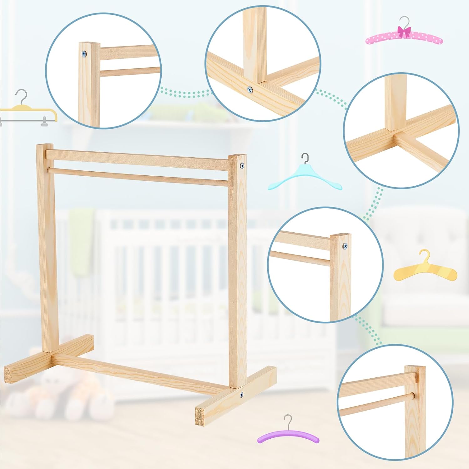 Civaner 22 Pcs Doll Garment Rack with Wooden Clothes Hanger for 18 Inch Girl Doll Clothes Mini Hangers Wardrobe Furniture Accessories for Dollhouse Baby Shower Supplies (Wood,White)
