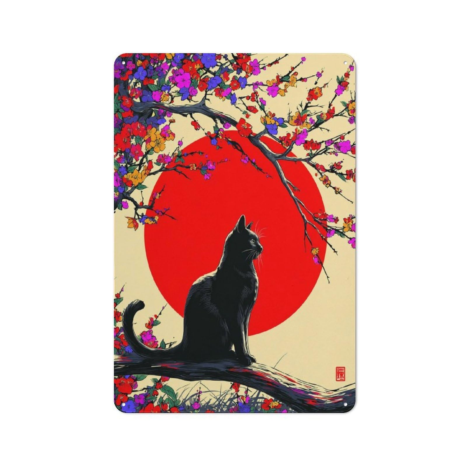 Junmoney Black Cat And Cherry Blossoms Metal Wall Sign 30X20cm Featuring For Garage Or Workshop, For Vintage Wall Decor Fans, For Metal Sign Collectors