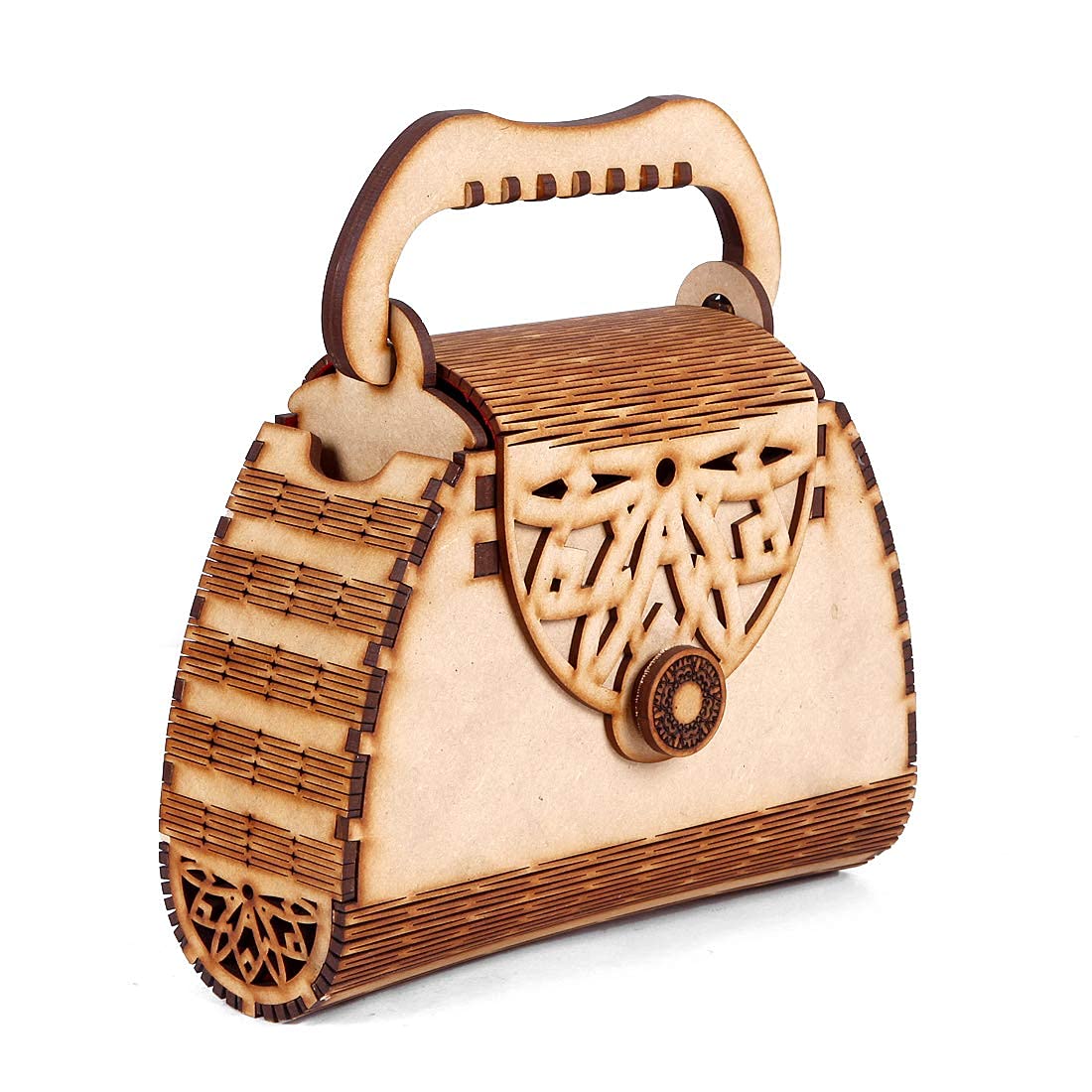AIRIZ pranali enterprise CRAFTSFY E Women's Round Shape Decorative Lesser Cutting Wooden Purse (Brown) (Handbag 374)