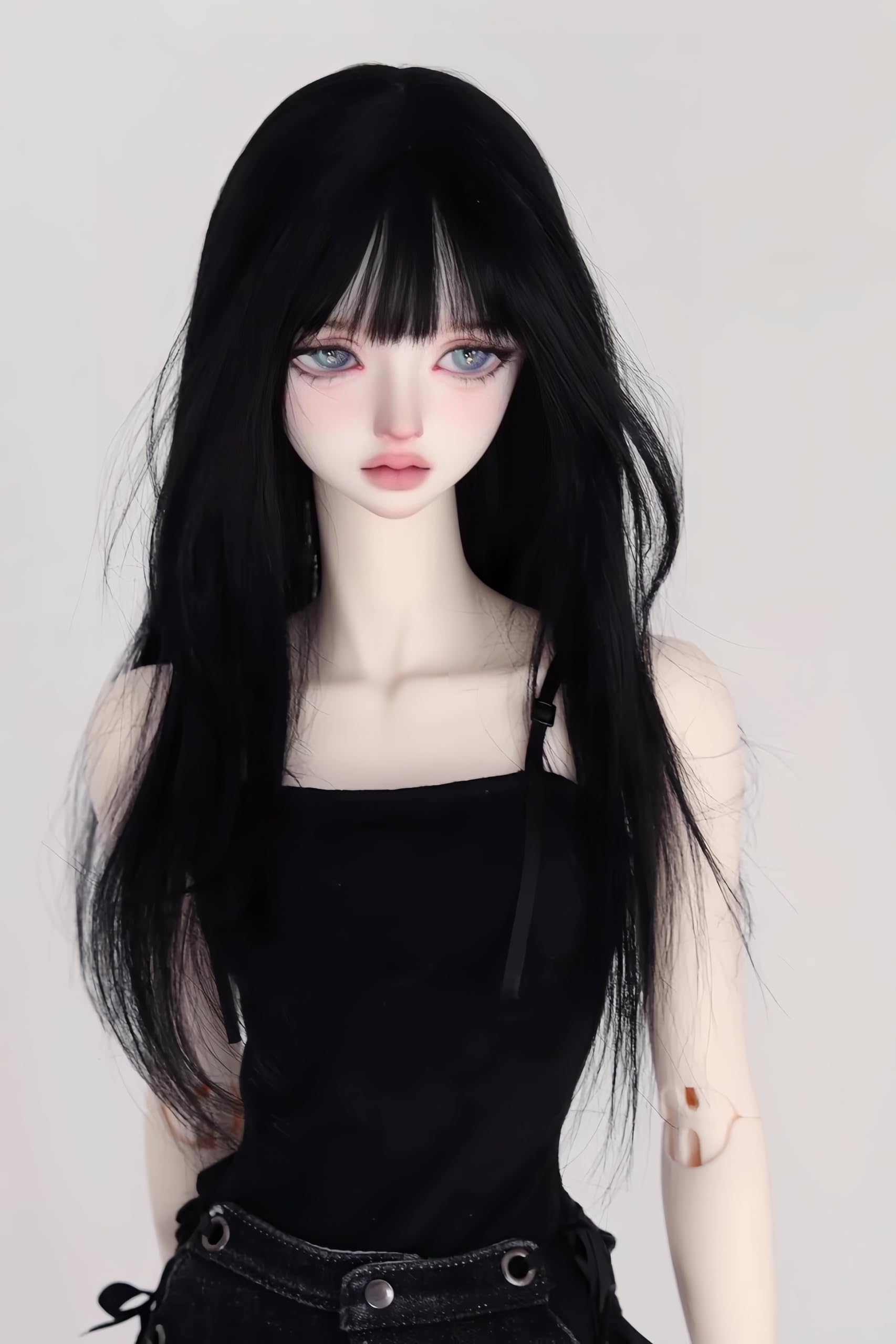 BJD - Parrucca per bambole, capelli lunghi e morbidi, capelli ricci naturali, capelli mossi, capelli lisci, per bambole BJD da 1/3 1/4 1/6 (capelli lisci neri 1/3)