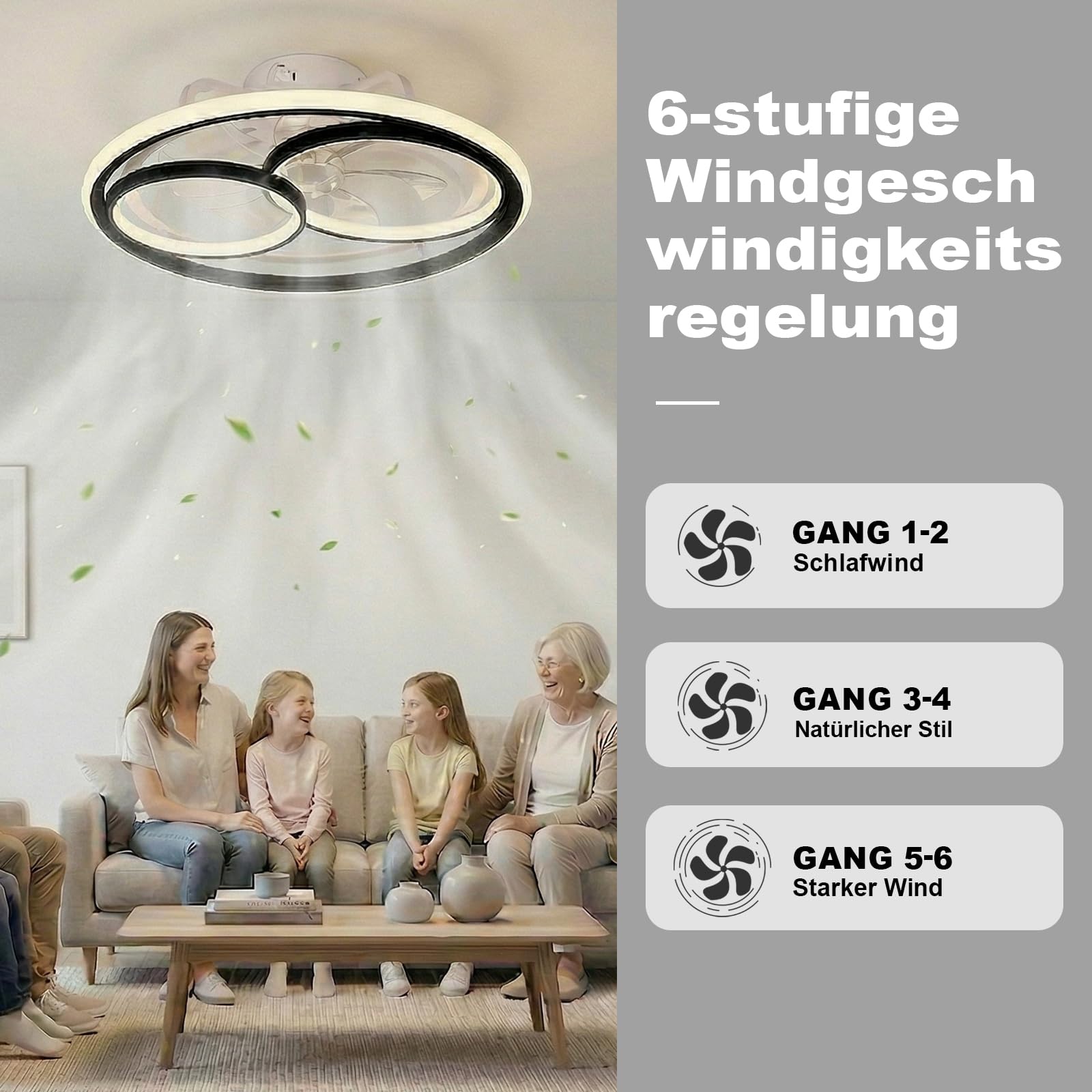DATO Ventilador de techo con luz, 3 temperaturas de color y 6 velocidades, ventilador de techo LED con lámpara, silencioso y regulable (C)